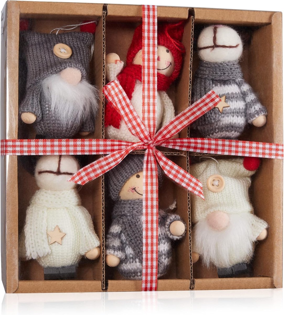 6 stuks Kerstboom Hanglampen – Gebreide Ren, Dwergen & Elven – Houten Ornamenten met Haken – 9-10 cm Hoog