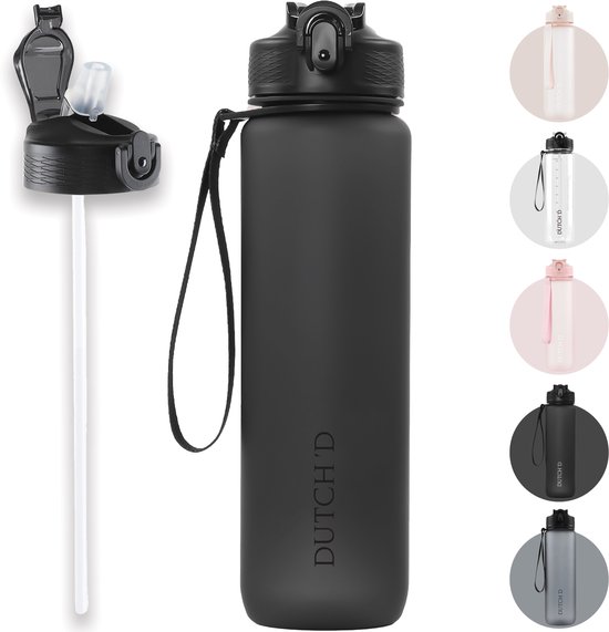 Dutch'D ® Waterfles 1 liter - Drinkfles met rietje - Waterfles - Zwart op Zwart - Drinkfles Volwassenen - Lek Vrij - Cadeau voor haar/hem - Verschillende Drinkflessen en waterflessen - Drinkbeker - Sportfles - Drinkbus