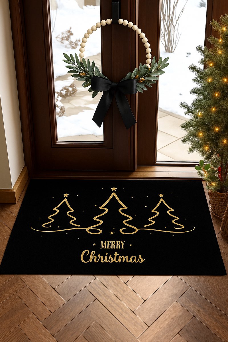 Kerstdeur Set – Luxe Deurmat 60 x 90 cm & Kerstkrans – Merry Christmas – Warme Sfeervolle Voordeur Decoratie – Houten Kleur met Zwarte Strik