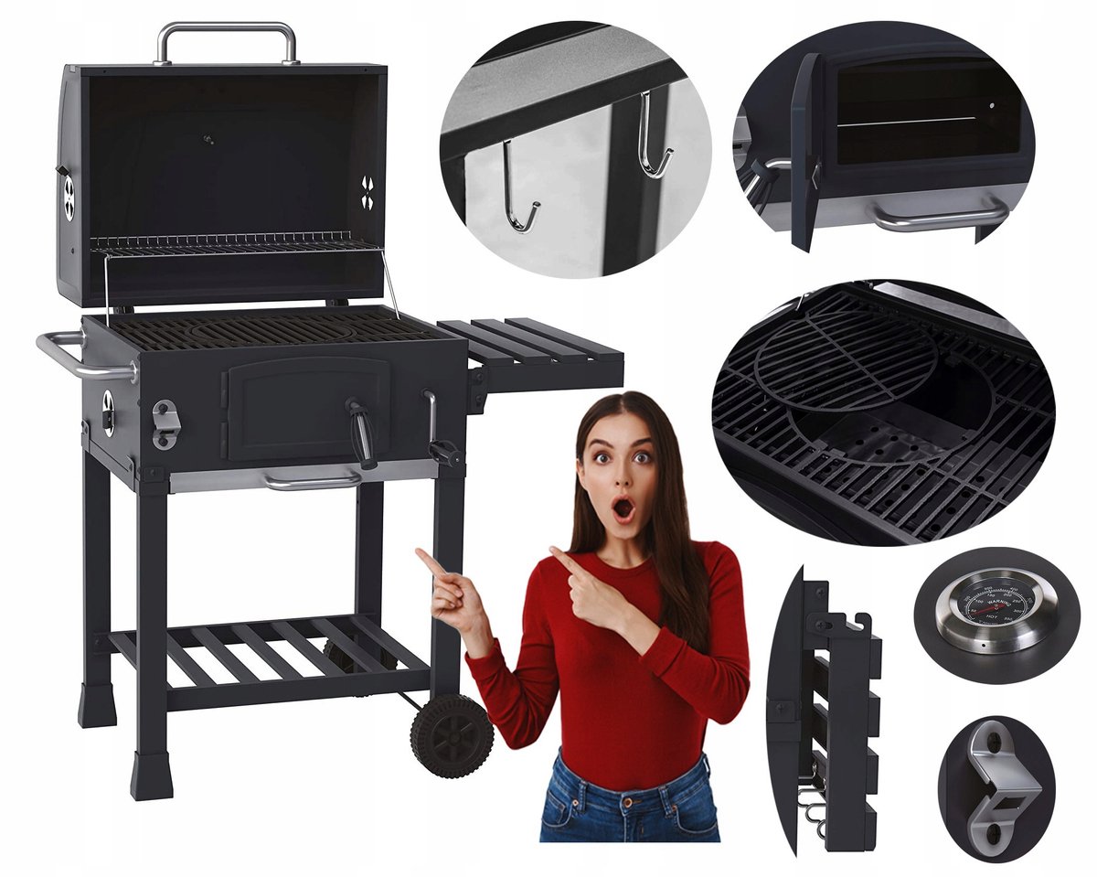 Merkloos XXL Koolgrill met Gietijzeren Rooster, Thermometer & Wielen