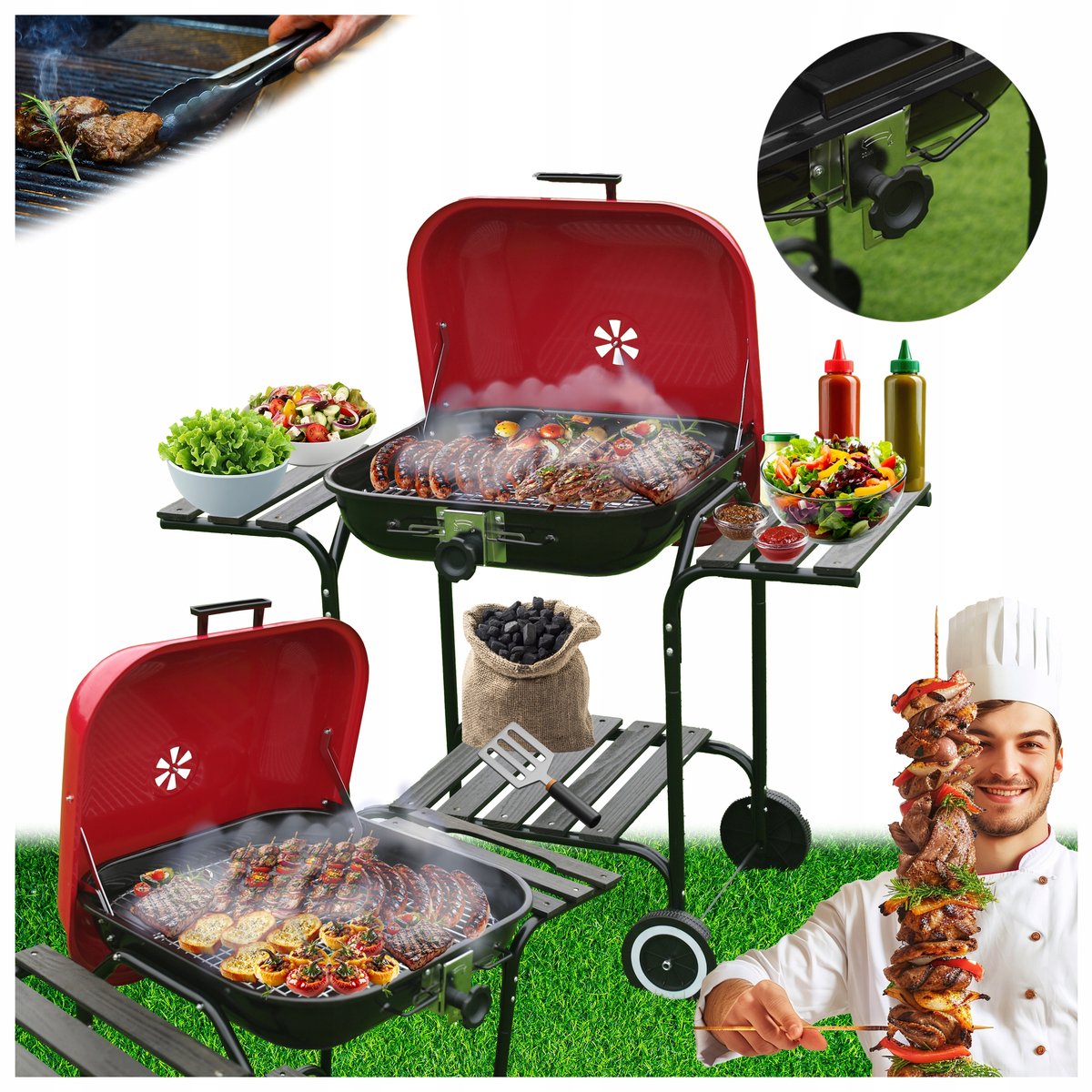 VELACO Koolgrill met Deksel en Wielen - Rood/Zwart