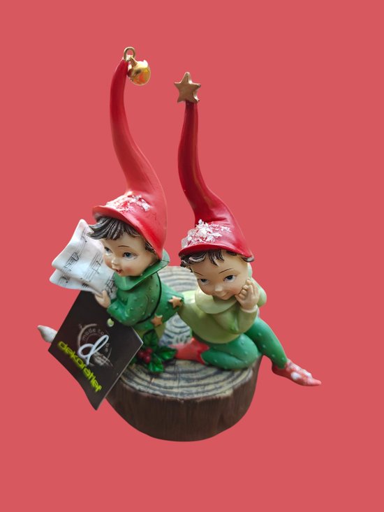 Décoratif | Boîte à musique avec elfes d'hiver sur tronc d'arbre, résine, 16x10x19cm | A225649