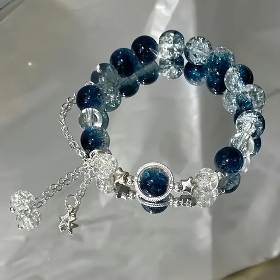 Bracelet Sjika - Galaxie Bleue Femme - Perles de Glas et Craquelures de Luxe - Breloques Étoiles - Bijou Elegant - Bracelet Ajustable - Cadeau pour Elle