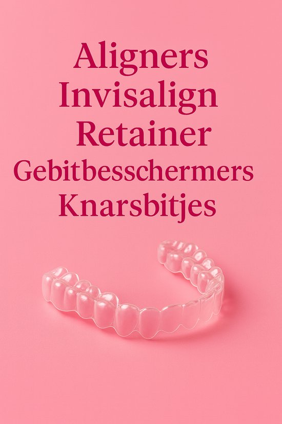 Roze beugendoosje met spiegel en een doorzichtige aligner op een marmeren schijfje en beige doek.