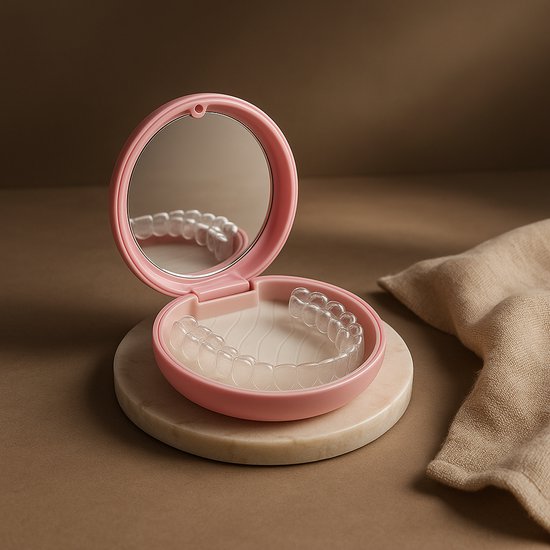 Roze beugendoosje met spiegel, liggend op een marmeren schijf met een beige doek ernaast.