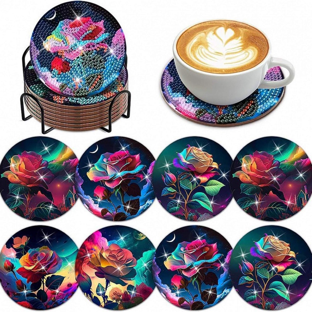 VDTOYS® DIAMOND PAINTING voor volwassenen - Onderzetters - Coasters - Onderleggers - Ronde steentjes - 8 stuks - Compleet Hobbypakket - set X Bloemen 3
