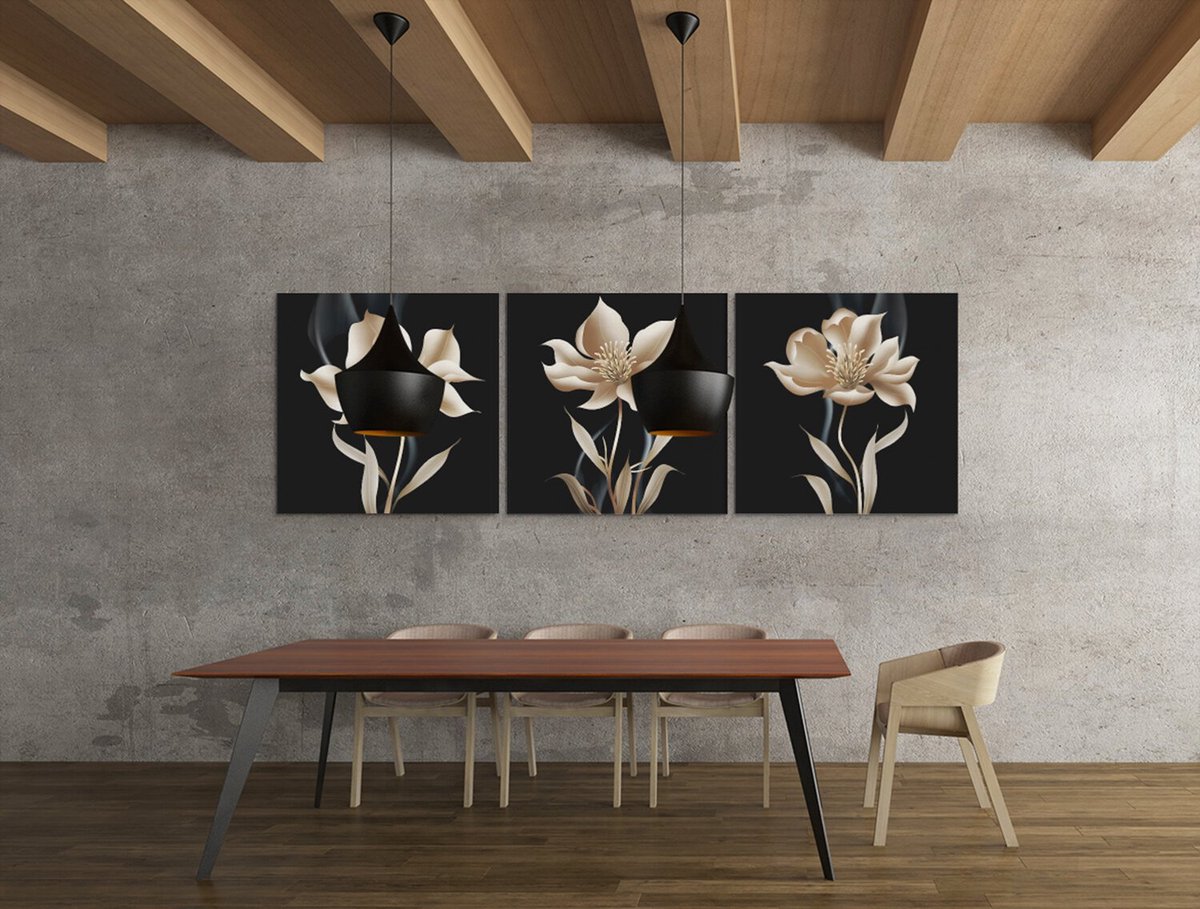 Trendex Global Drieluik Canvas Schilderij Gouden Bloemen op Zwarte Achtergrond – Luxe Muurdecoratie - 3x40x40 cm
