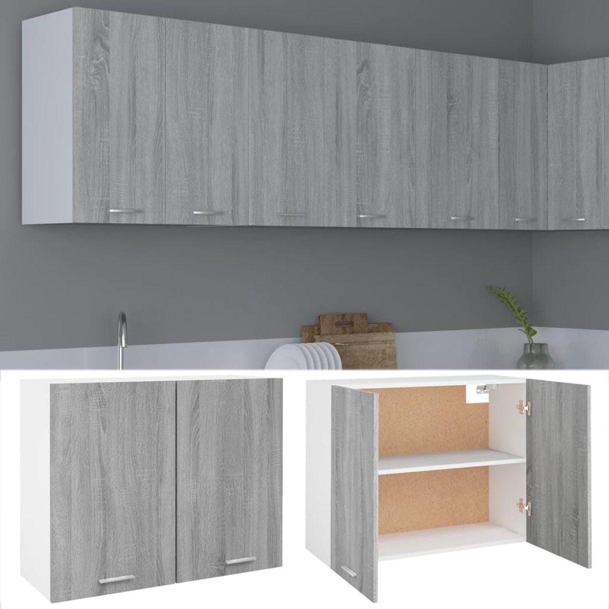 Moderne hangende keukenkast Lyon 80x31x60 cm – Grijze Sonoma houtafwerking – Wandkast voor keuken, badkamer of woonkamer – Duurzame wandkast van bewerkt hout met deuren – Meda Home Store