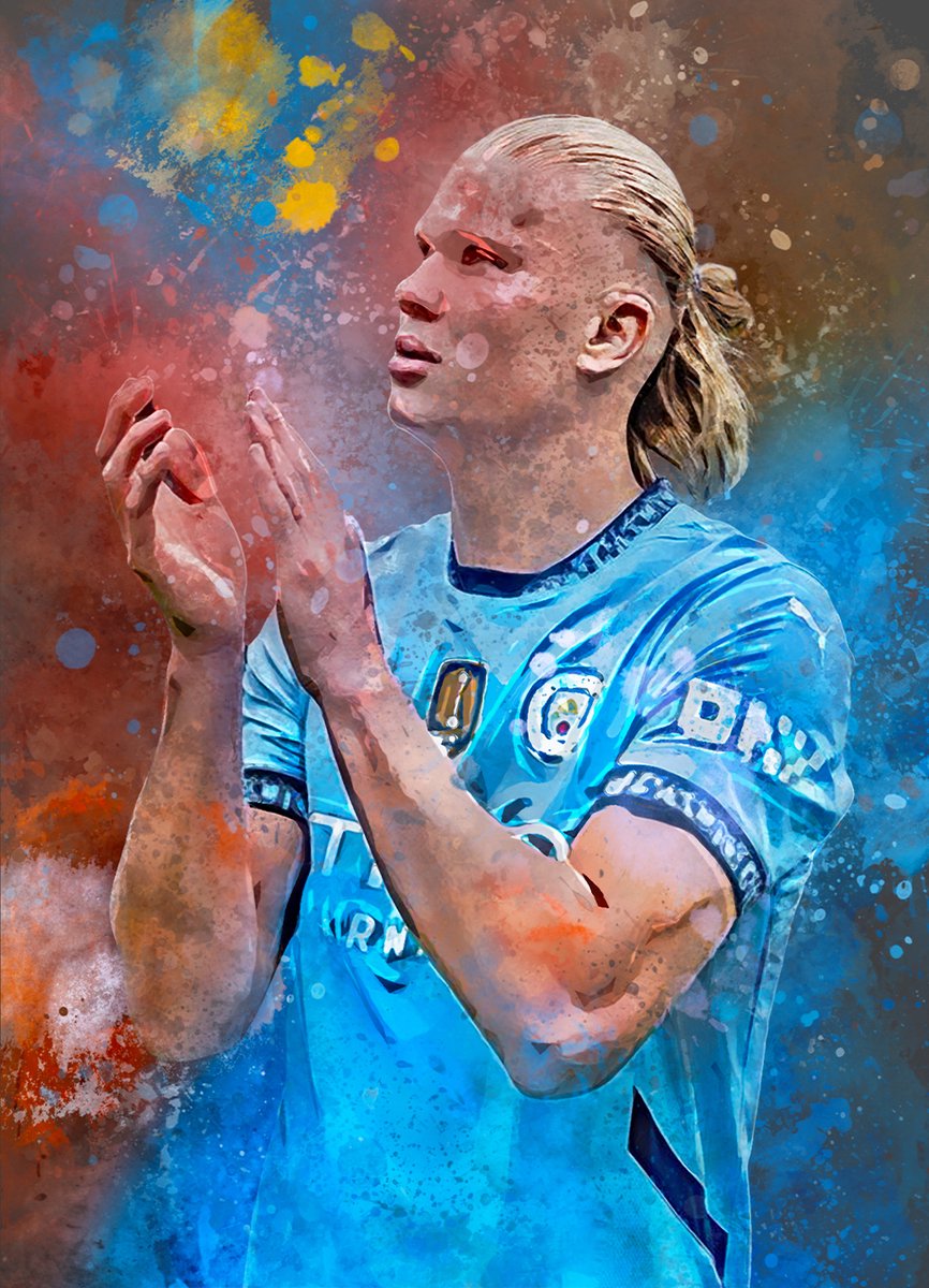 Wallofprints - Haaland poster op A3 semi- glossy papier - 29.7x42 cm - Sport poster - Voetbal poster - Unieke poster van Erling Haaland in Man City tenue met donkergrijze achtergrondkleur