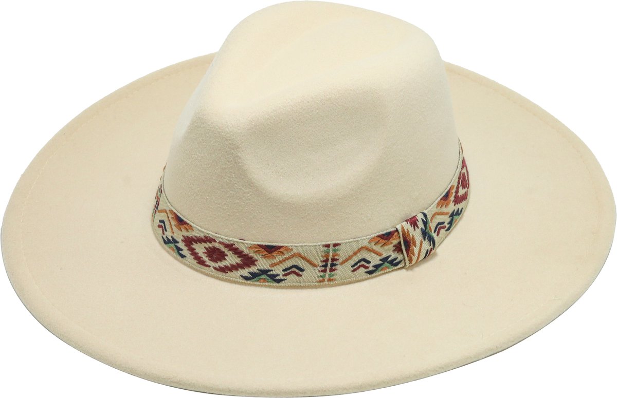 Emilie collection - hoed - wit - fedora - Vilten hoed met brede rand en boho band - Wit creme