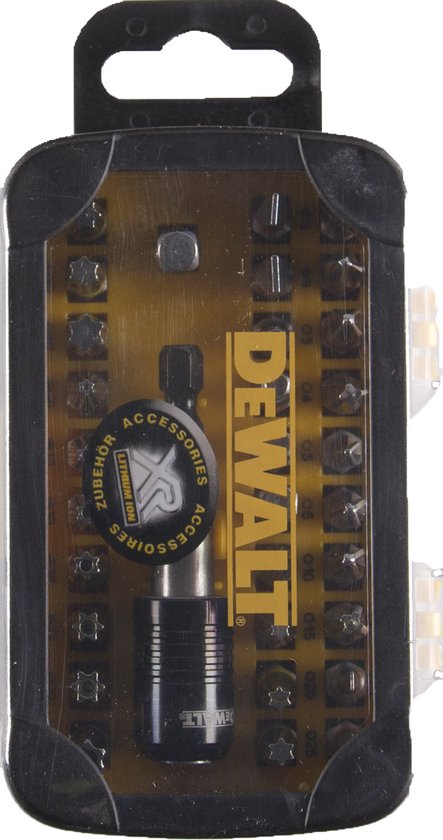 DeWalt bitset in doorzichtige verpakking met deksel, met gele DeWalt logo en diverse bits.