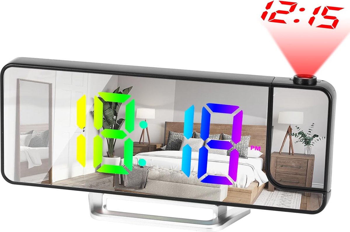 longziming -Projectiewekker met 180° draaibare projector – LED spiegelwekker met temperatuurweergave, instelbare helderheid, snooze functie en nachtmodus – digitale wekker voor slaapkamer, woonkamer of nachtkastje