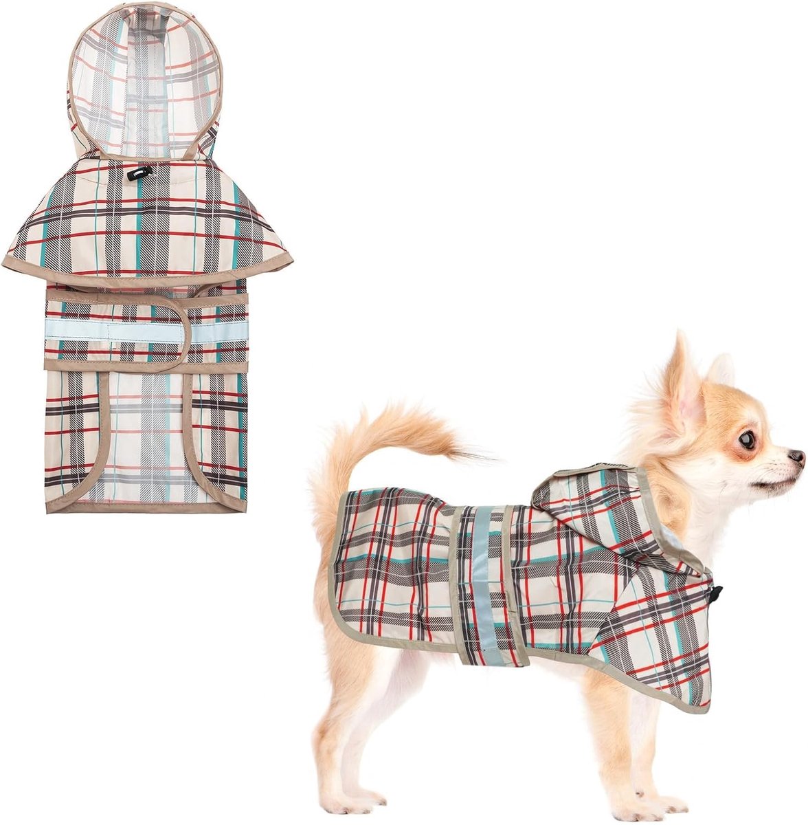 Regenjas met capuchon en riemgat- regenjas voor kleine en middelgrote honden- regenjas met reflecterende streep- verstelbare- ademende regenkleding voor puppy’s Creme