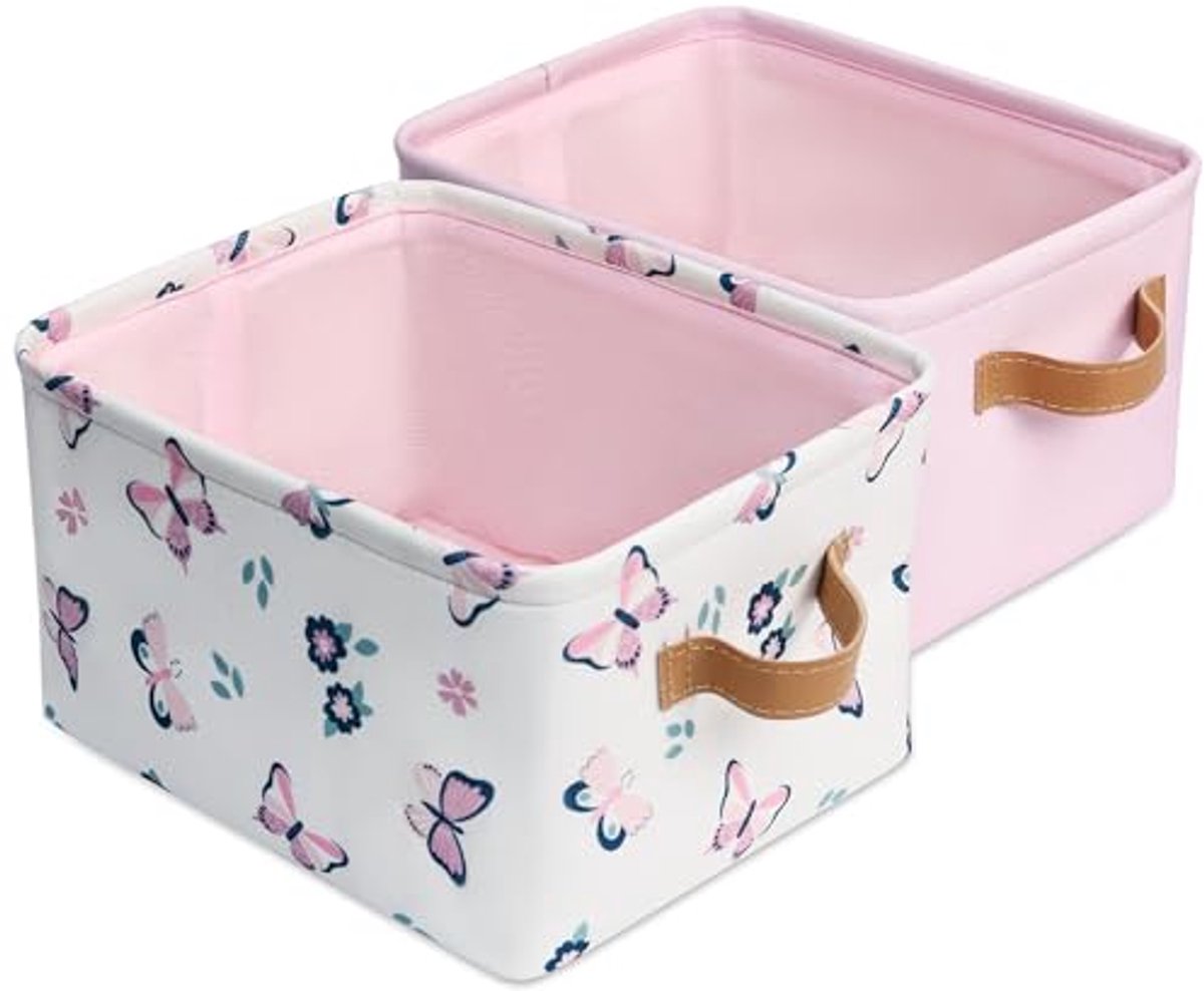 Image of 2 Opbergbakken voor Kinderen - Roze en Vlinder Mandenset voor Speelgoed en Babybenodigdheden