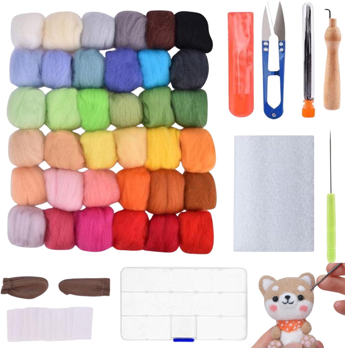 Anstore Naaldviltenset, startset voor naaldvilten, inclusief 32 kleuren, 5 g zwervende wol, wollen schilderset en naaldviltgereedschap voor handdraaien, doe-het-zelf knutselprojecten, beginners