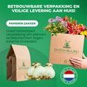 Verpakkingen van 'Dutch-Bulbs': bruine zakken, een kartonnen doos met bloemen, en bolletjes, met de tekst 'Made in Holland'.