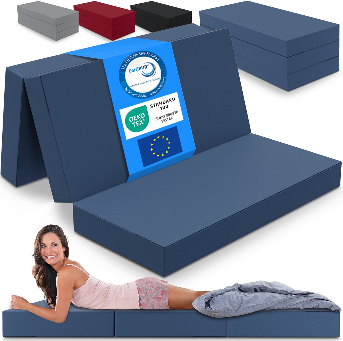 ELONEO Opvouwbaar Matras - 3-Delig Vouwmatras, Extra Dik 15 cm Schuim, Wasbaar en Draagbaar Logeermatras voor Volwassenen, Tweepersoonsbed (Blauw, 160 x 195 x 15 cm)