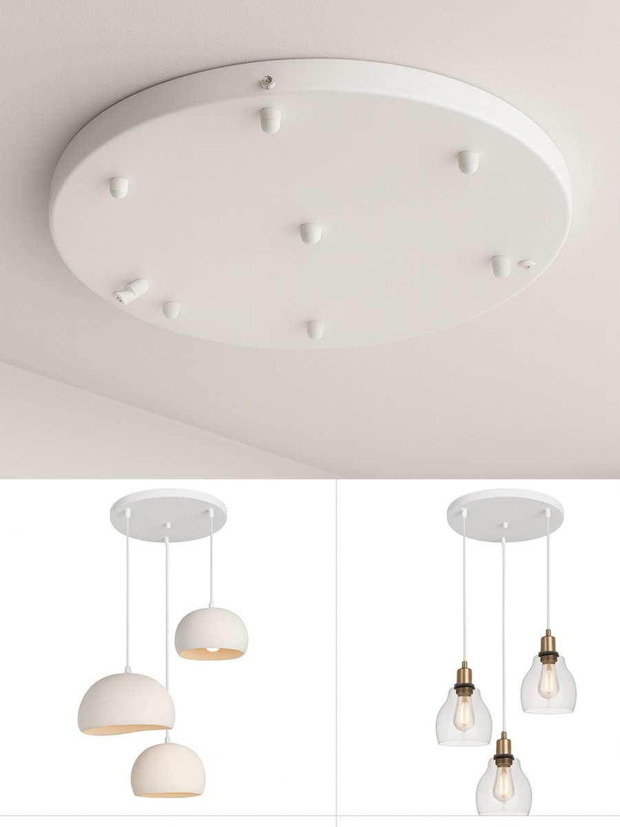 Lichtendirect - Plafondplaat 50 cm – Ronde plafondkap voor 3 hanglampen – Universele witte plafondrozet – Inclusief aansluitpunten