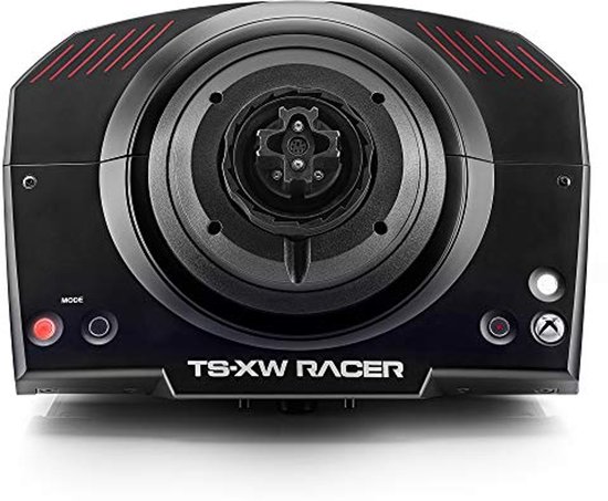 Zicht op de voorkant van de Thrustmaster TS-XW Racer servo basis met rode lijnen en knoppen.