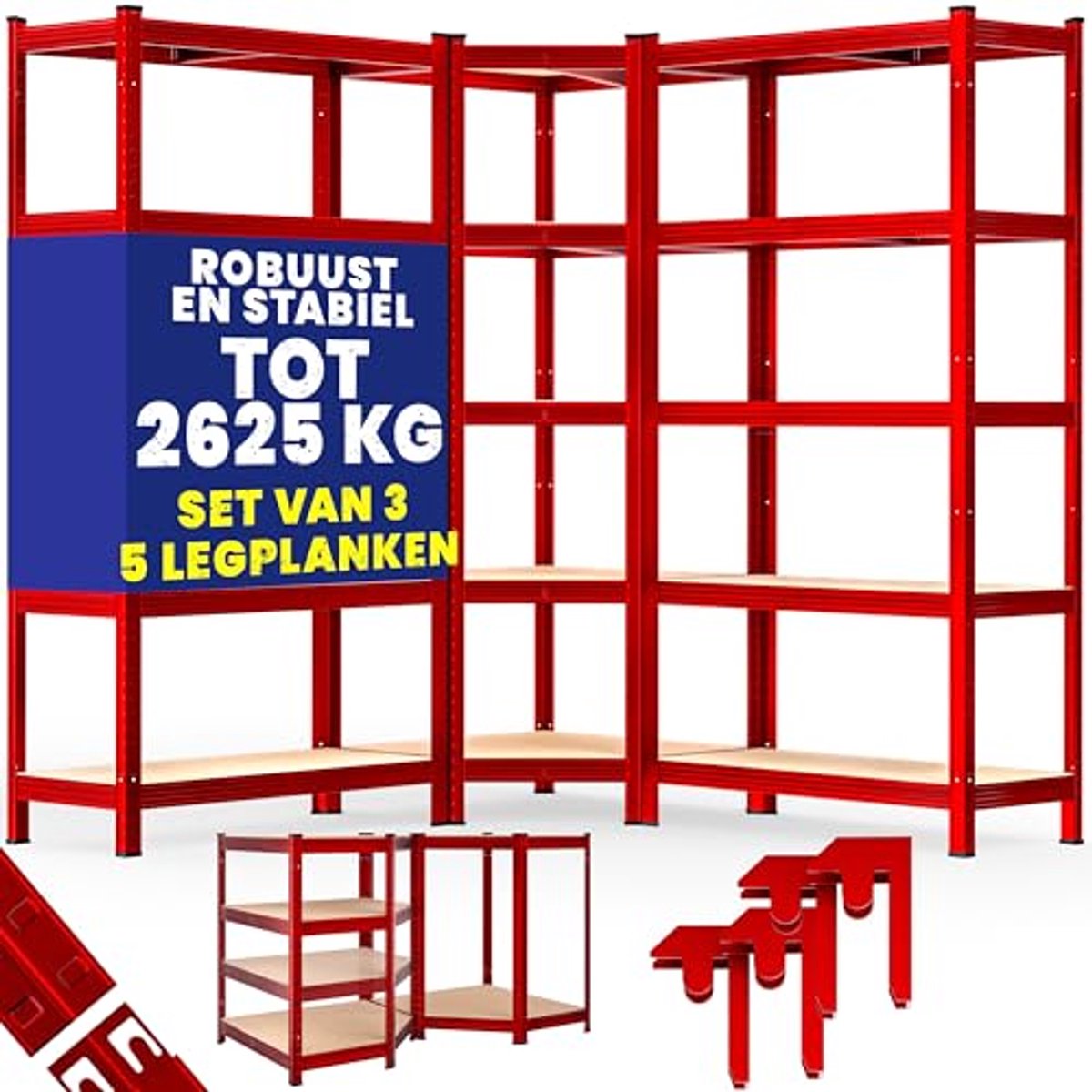 Hoekstelling Set van 3 voor Garage, Kelder en Werkplaats - 2625 kg Draagvermogen - Rood