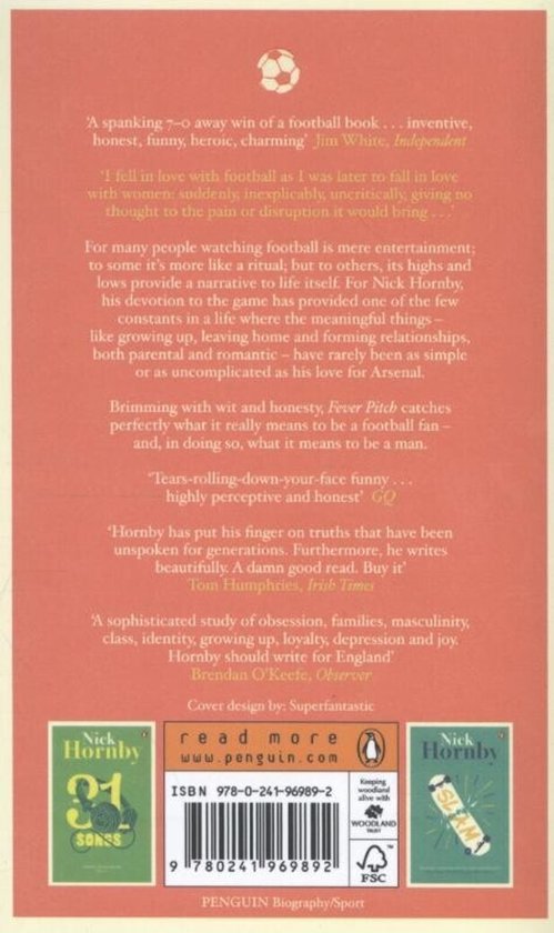 Boekrug met gele en groene kaften, getiteld 'Nick Hornby'. Bevat recensies en een barcode.
