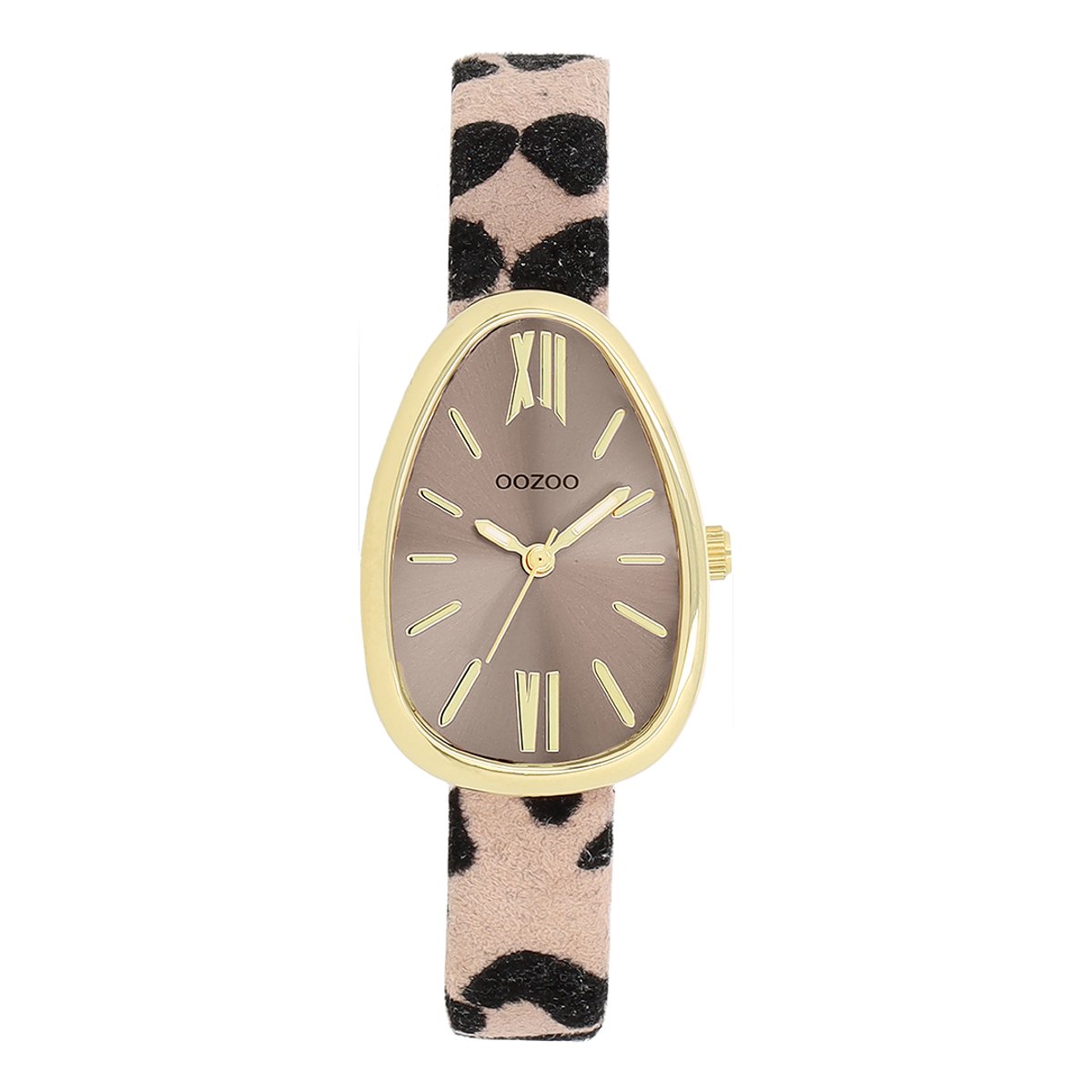OOZOO Timepieces - Goudkleurige horloge met bruin-zwarte leren band - C11638