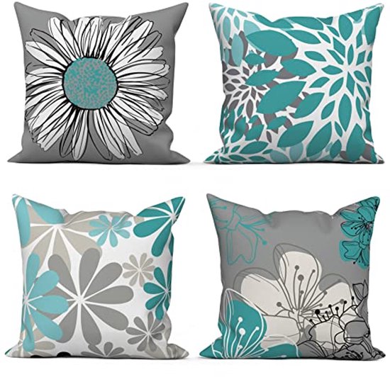 Kussenhoes, 45 x 45 cm, set van 4 sierkussens, linnen, lila, bloemen, kussenhoezen, decoratief kussen, luxe decoratie voor bank, woonkamer, sierkussen