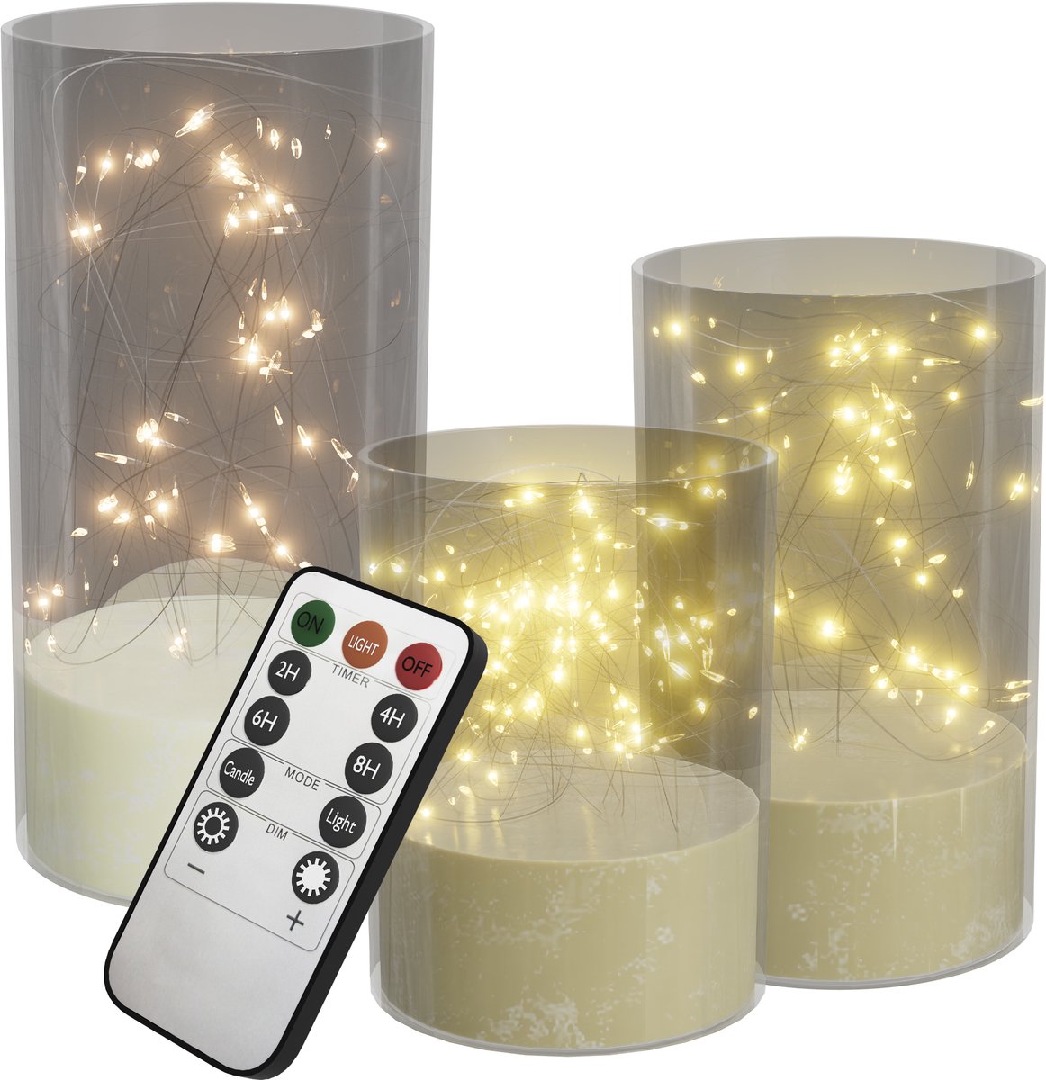 Aufun LED vlamloze kaarsen met afstandsbediening - Flikkerend - Acryl stompkaarsen - Op batterijen - Type C - Transparant - Set van 3 - Voor huisdecoratie en kerstversiering