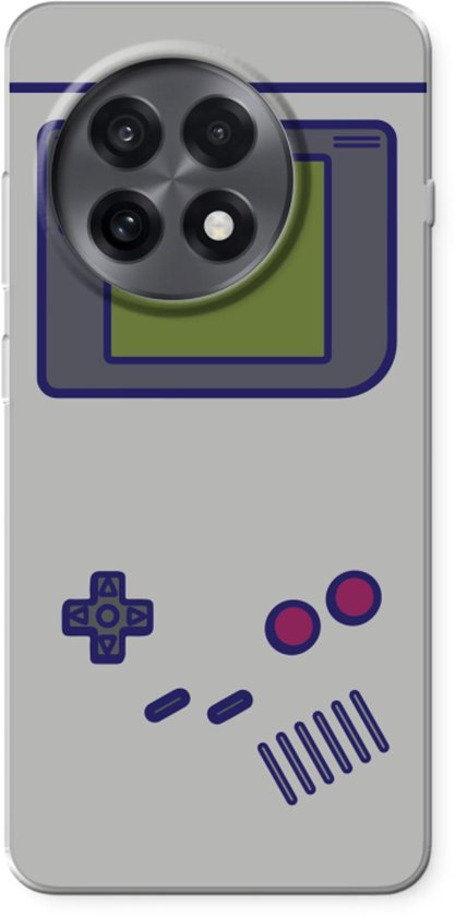 Telefoonhoesje met een gameboy-print in grijs, groen en paars, op een witte achtergrond.