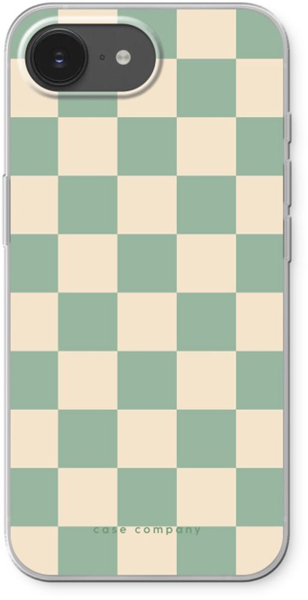 Telefoonhoesje met een zachtgroen en beige schaakbordpatroon, met het 'case company' logo onderaan.