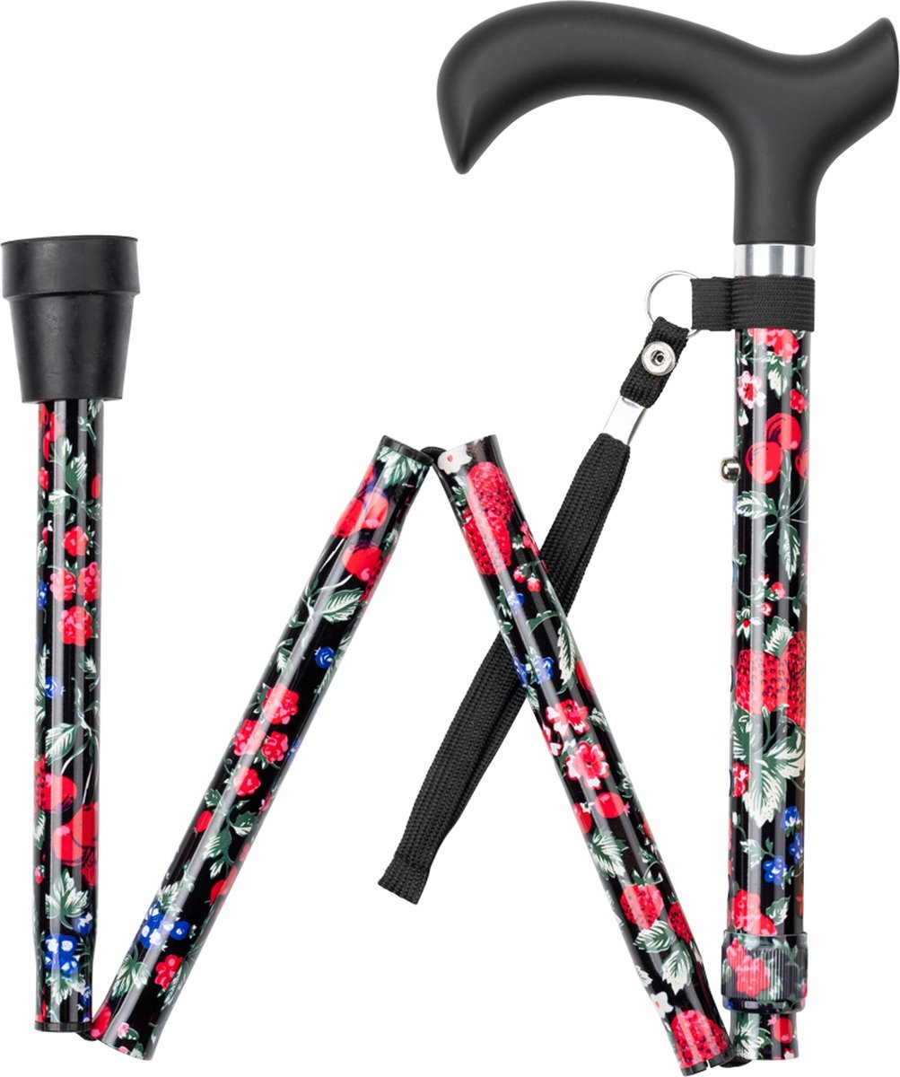 Wandelstok opvouwbaar zwart met fruit print met ergonomisch comfort handvat en polsbandje - Loopstok - Verstelbaar 82 - 94 cm - Lichtgewicht