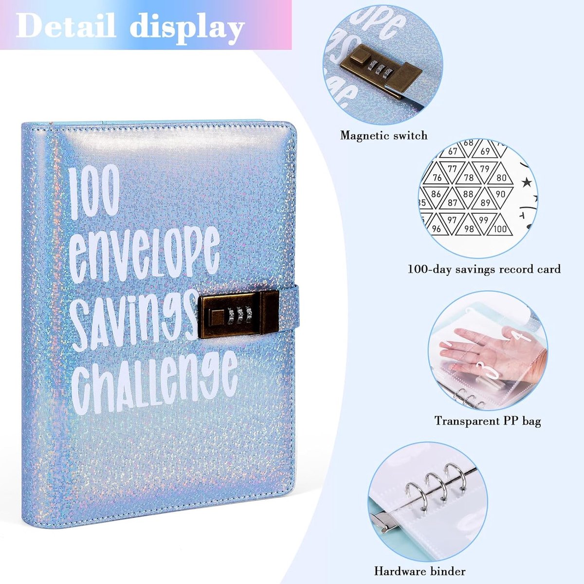 Candala Saving Challenge 2025, 100 enveloppen, met combinatieslot, A5 ringband, besparen organizer, geld, leuke manier om € 5,050 te besparen, A5 budgetplanner met contant geld enveloppen en