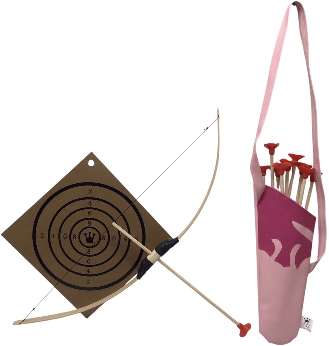 PIJL EN BOOG uitrusting met schietschijf en een rug koker (roze) voor pijlen met 10 pijlen 80 cm