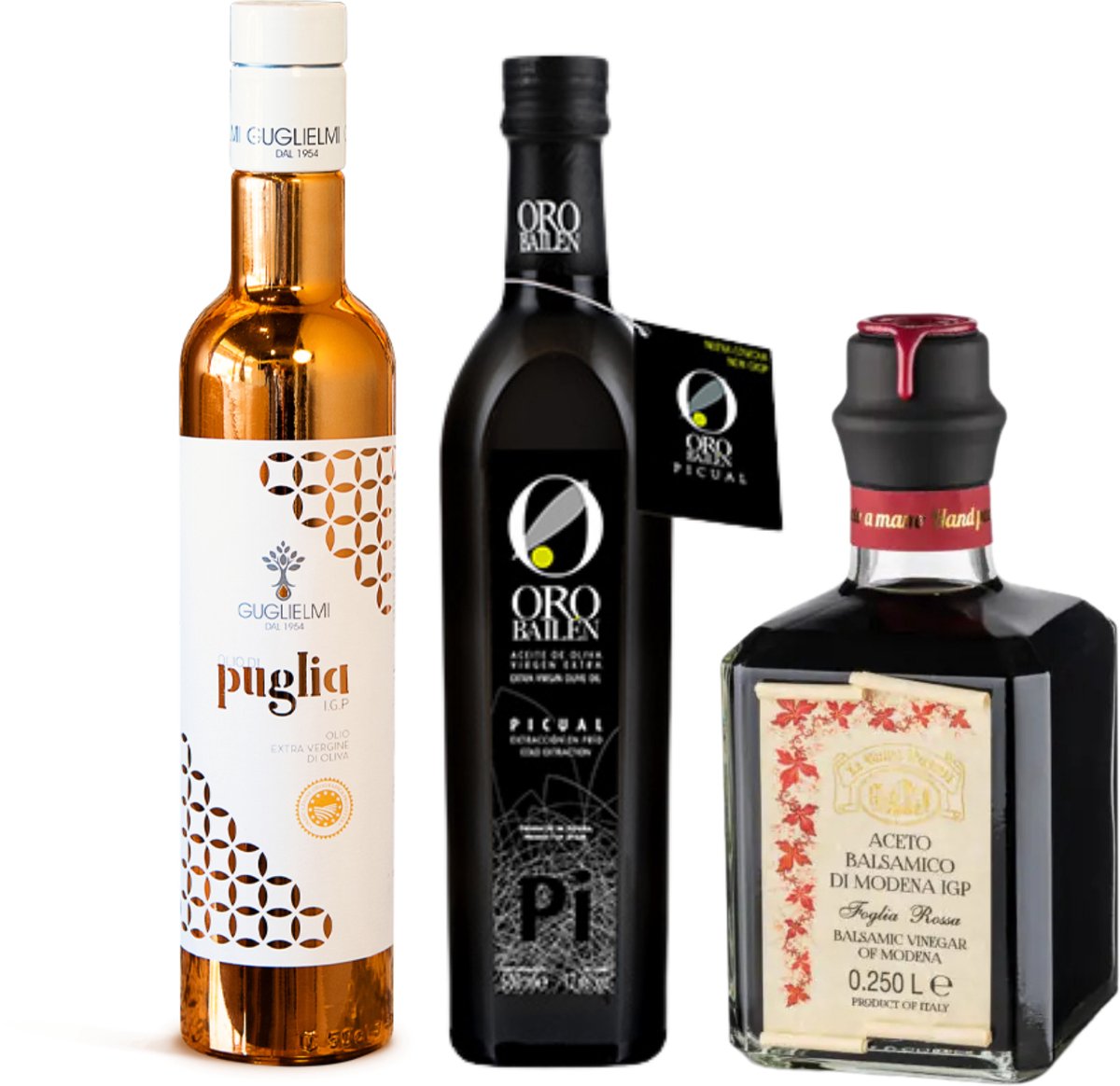 Premium Olijfolie Cadeauset – Guglielmi Puglia PGI 500ml + Oro Bailén Picual 500ml + La Vecchia Dispensa Rode Label Balsamico di Modena IGP 250ml – Extra Vierge Olijfolie Geschenkset