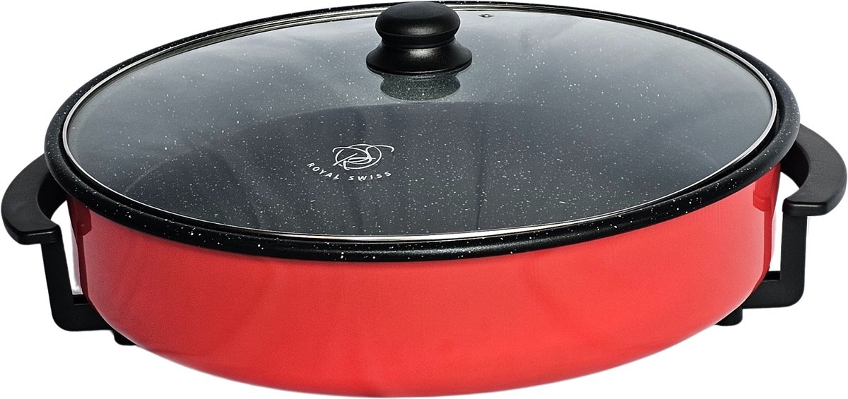Royal Swiss® – Elektrische Hapjespan 42 cm – 1500W – Diepe Pan 9 cm met Thermostaat – Ideaal voor Koken, Bakken & Grillen – Rood