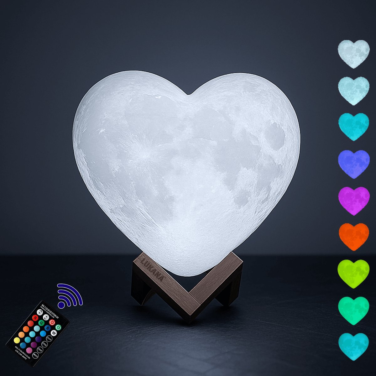 Lukana 3d Maanlamp - Hartvormige Tafellamp 13 cm met 16 Dimbare LED Kleuren & Afstandsbediening - Nachtlamp