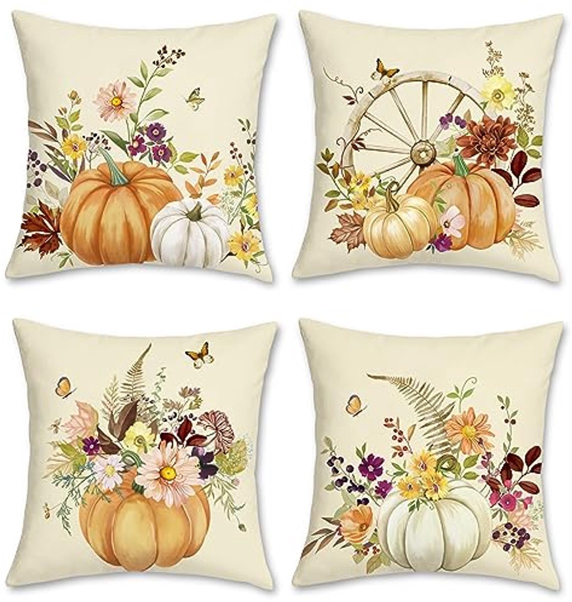 Herfst Pompoen Kussenslopen 45 x 45 cm Set van 4 - Decoratieve Kussens voor Thuis, Tuin en Patio