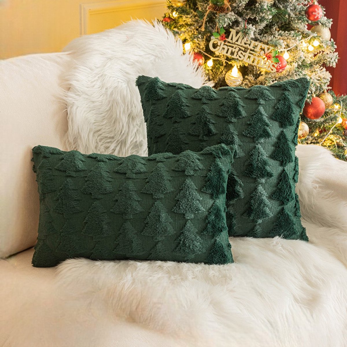 Kerst Furry XMAS Tree Groen Kussenhoes | 30 x 50 cm | Polyester – foto 4