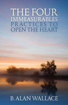 Boek "The Four Immeasurables: Practices to Open the Heart" van B. Alan Wallace, met een serene zonsopkomst boven een meer.