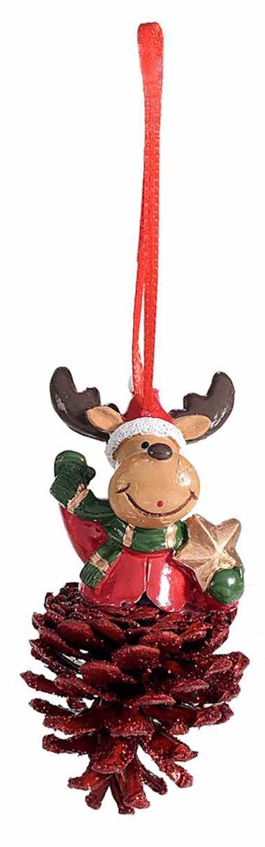 Dennenappel met Rendier en Ster - Kerstornament - Ø 4 cm x 10 cm (hoogte kan verschillen)
