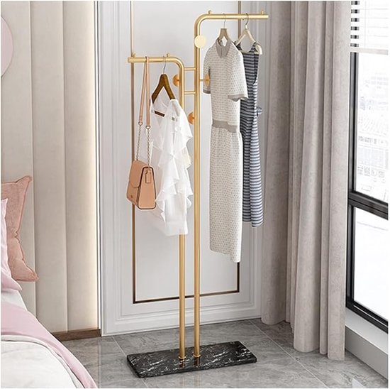 Luxaliving - kapstok staand- Zwart marmeren voet -Garderoberek- Staande Kapstok -5 Haaks - H170 x B60 cm - Kledingrek - Goud/Zwart