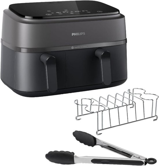 Philips 3000 Series Dual Airfryer - NA350/03 - Dubbele Mand - 9L - Tot 6 Personen - Zwart/Grijs - Met accessoires