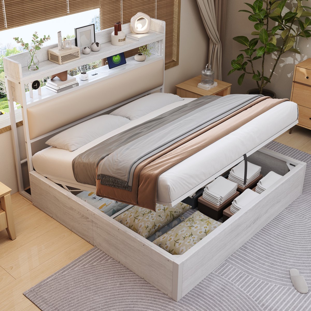 SINGULARITY-Gestoffeerd bed 180 x 200 met hydraulische hefinrichting- USB- gestoffeerd hoofdeinde- vintage design in hout en metaal- wit- zonder matras