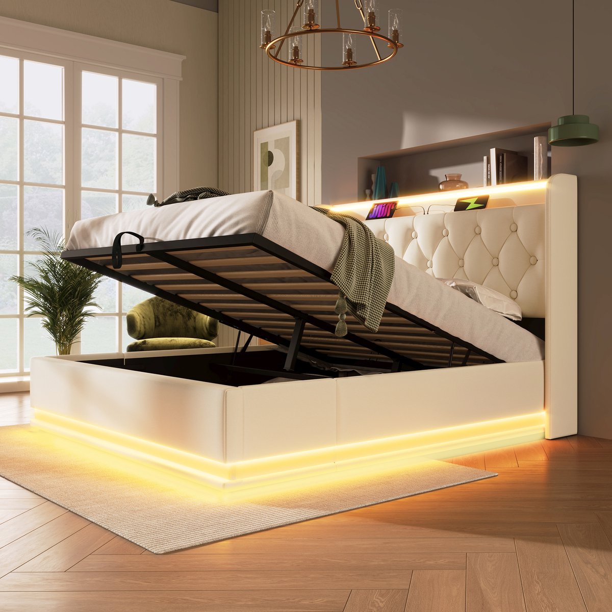 Singularity Gestoffeerd tweepersoonsbed- LDE 160 x 200 cm- wit PU-materiaal Hydraulisch opbergbed- hoofdeinde met USB Type-C Zonder matras