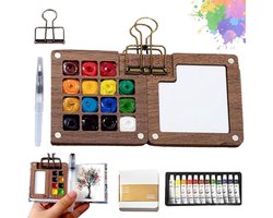 Mini Aquarelverfset voor reizen - draagbaar palet met 15 roosters - Pocket aquarel Set - Pocket Reizen Verf Tray Doos - Draagbare kunstenaar palet Sets met kleuren, boek, bindmiddel clips, pennen, houten verfdoos - voor schilders kunstenaars Student