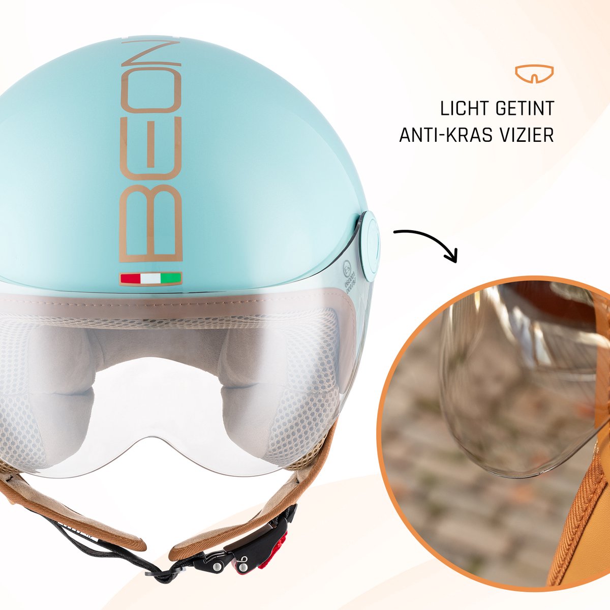 BEON Design Luxe Scooterhelm - Mint Groen - L - Jethelm met Vizier - Motorhelm - Geschikt voor Vespa, Scooter, Brommer, Motor en Snorfiets – foto 8