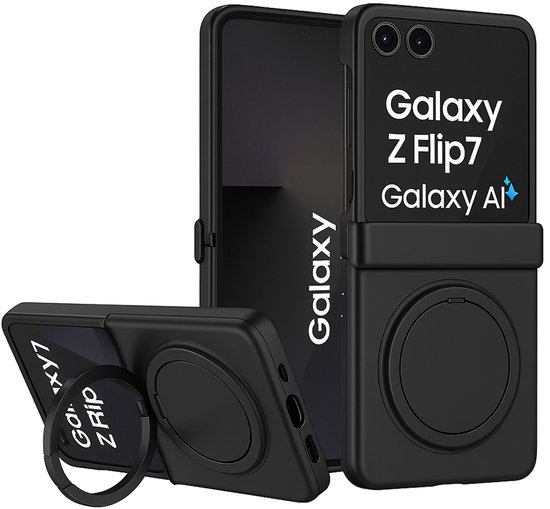 Coque de téléphone noire avec support annulaire, imprimée 'Galaxy Z Flip7'.