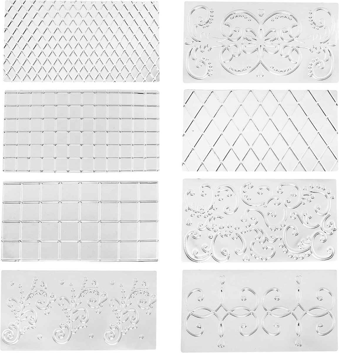 Orivio - 8-delige plastic mallenset voor fondant, icing, chocoladecake - Bloemen, damast en rasterontwerpen - Voor suiker, snoep, gelei & DIY bakken