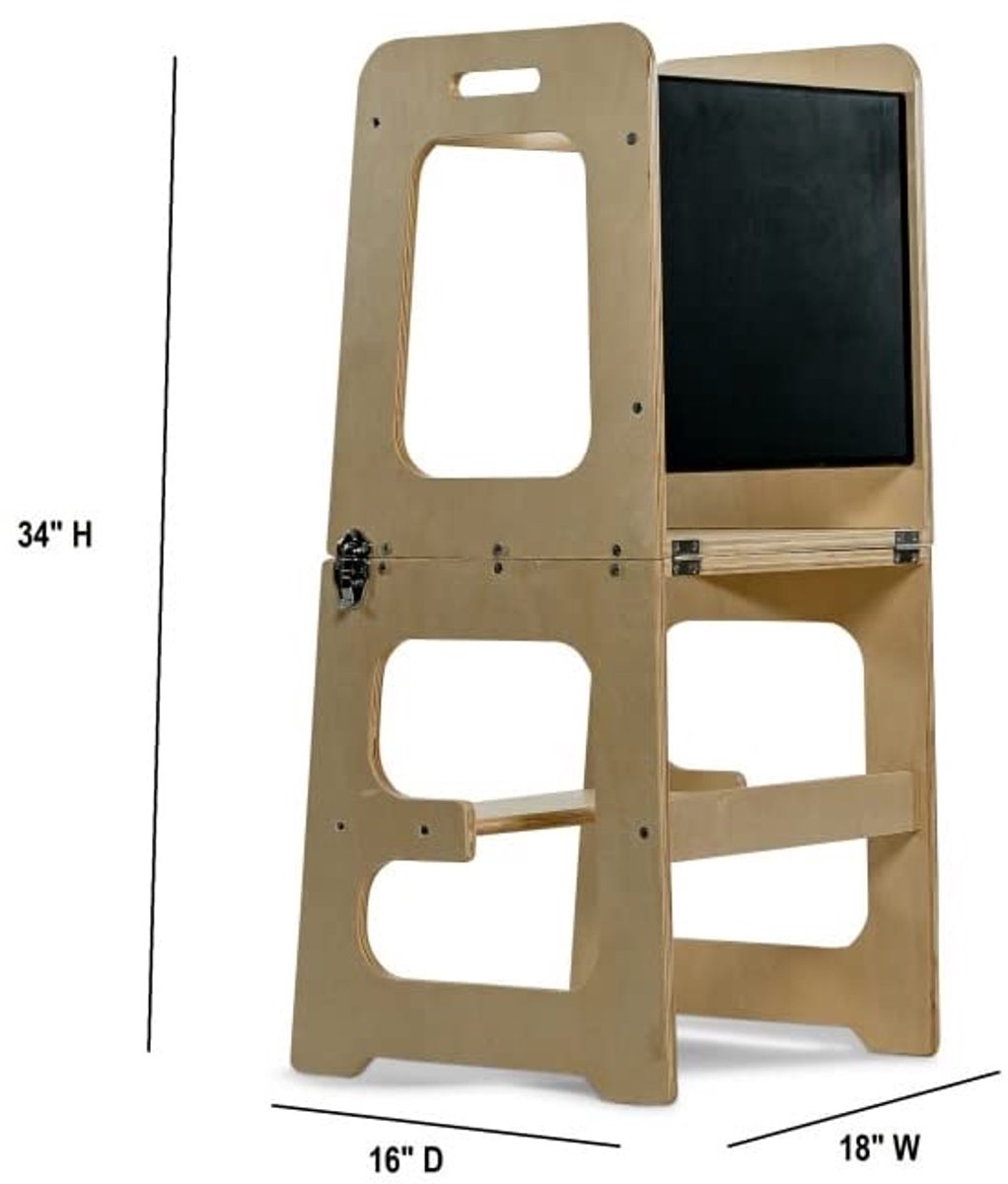 Image of 4-in-1 opvouwbare keukentoren voor peuters met krijtbord, bureautafel en stoel