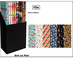 Product afbeelding van 10x Sinterklaasfeest inpakpapier 70cm x 200cm assortie - Sint en Piet Feest thema party inpakken kado verschillende dessins